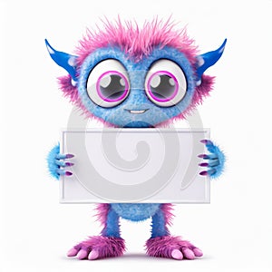 Cute furry little alien holding a blank sign