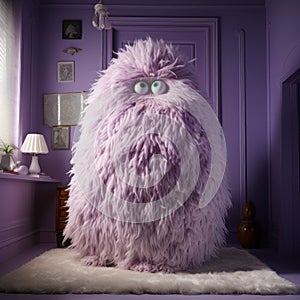 Cute furry monster standing in the room. Imagination and fantasies. Cartoons. Concept of surrealism, toys, childhood