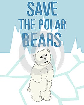 Cute furry polar bear on arctic background, cartoon wild animal from Red List, extinction problem, editable vector illustration