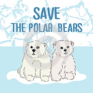 Cute furry polar bears on arctic background, cartoon wild animals from Red List, extinction problem, editable vector illustration