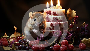 Cute furry rodent enjoys sweet chocolate dessert at birthday party generated by AI