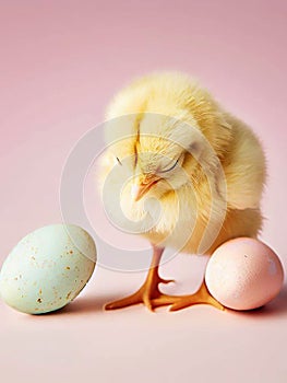 Cute fuzzy baby chick with Easter eggs greeting card