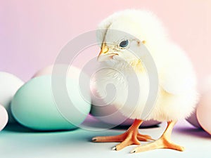 Cute fuzzy baby chick with Easter eggs greeting card