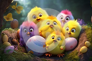 Cute and fuzzy Easter chicks hatching from