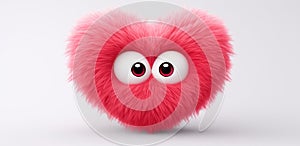 cute fuzzy furry heart on a monochrome background with emotion. Cartoon Heart with big realistic eyes. Pink shades