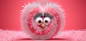 cute fuzzy furry heart on a monochrome background with emotion. Cartoon Heart with big realistic eyes. Pink shades