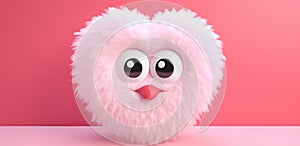 cute fuzzy furry heart on a monochrome background with emotion. Cartoon Heart with big realistic eyes. Pink shades