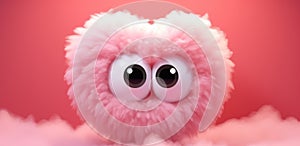 cute fuzzy furry heart on a monochrome background with emotion. Cartoon Heart with big realistic eyes. Pink shades