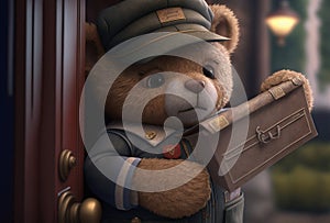 Cute fuzzy teddy bear delivering a package