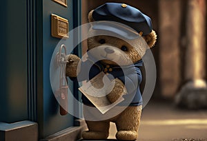 Cute fuzzy teddy bear delivering paperwork