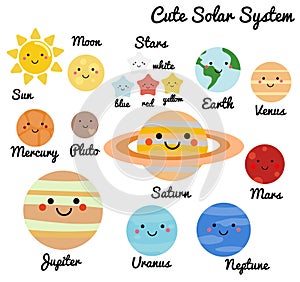 Cute galaxy, space, solar system elements. Kawaii moon, sun and planets vector illustration for kids. Isolated design elements for photo