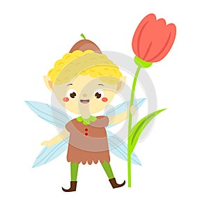 Cute garden elf boy with tulip flower. Little pixie