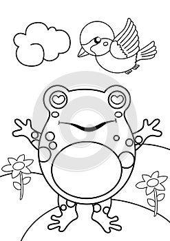 Cute Garden frog and Bird Animal Cartoon Coloring Activity for Kids and Adult