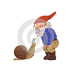 Cute garden gnome meets snail. Bearded dwarf in cap looks at forest animal. Surprised fairytale small character