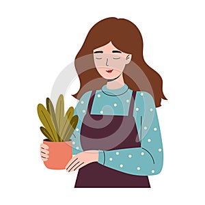 Cute gardener girl holds flower pot in her hands. Urban gardening. Vector illustration.