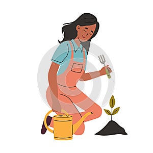 Cute gardener girl takes care of sprout. Urban gardening. Vector illustration.