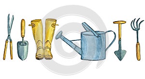 Cute gardening tools -watering can, rubber boots, shovel, rake, scissors on a white background. Watercolor illustration.