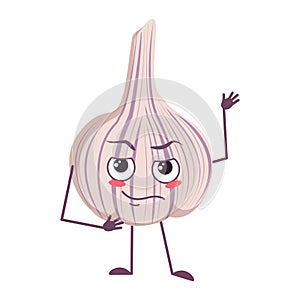 Cute garlic characters with emotions, face, arms and legs. The funny or proud, domineering hero, vegetable with eyes