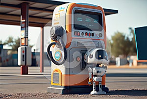 Cute gas station attendant service robot waiting customer for filling the car fuel. Innovative technology and Occupation concept.