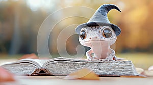 Cute Gecko in a Witch Hat Reading a Book