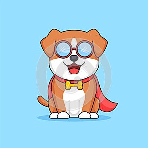 Cute geek dog wearing super hero cloak animal mascot cartoon vector illustration