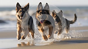 Cute German Shepherd puppies playing on the beach