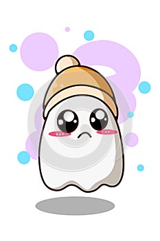 Cute ghost with beanie hat cartoon illustration