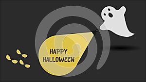 Cute ghost character just found the Happy Halloween message with his flashlight. Vector illustration.