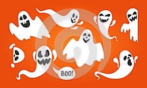 Cute ghost characters flat style design vector illustration set.