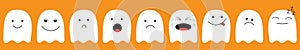 Cute ghost. Emoji icon set. Happy Halloween. Emoticons. Funny kawaii cartoon characters. Emotion collection. Happy, surprised, smi