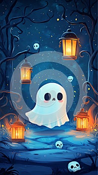 cute ghost floating in the middle of the forest with tree branches and bright lanterns