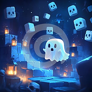 cute ghost floating in the middle of the forest with tree branches and bright lanterns