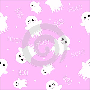 Cute Ghost Halloween Seamless Pattern with Boo and Hug Texts.