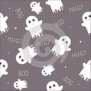 Cute Ghost Halloween Seamless Pattern with Boo and Hug Texts.