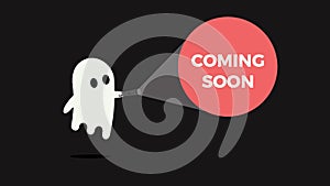 Cute ghost with his flashlight pointing towards a message for new product or movie coming soon.