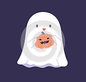 Cute ghost holding jack pumpkin with face. Funny Halloween spook smiling. Happy spooky phantom character for October