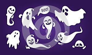 Cute ghost holiday characters flat style design vector illustration set isolated on dark background.