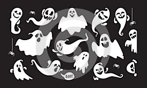 Cute ghost holiday characters flat style design vector illustration set isolated on dark background.