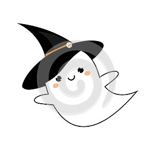 Cute ghost in kawaii style in Halloween hat. Vector icon