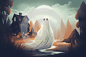 Cute ghost in magical forest with jack-o\'-lantern. Halloween, celebration, holiday concept