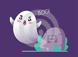 Cute Ghost Say Boo at Cemetery Tomb. Cartoon Halloween Character, Funny Spook Creature Emotion, Spooky Spirit Yell