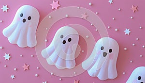 Cute Ghost Shaped Marshmallows on Pink Background with Star Sprinkles Halloween Sweet Treats Concept