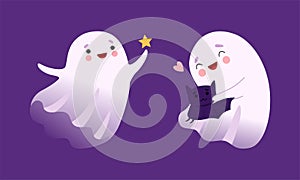 Cute Ghost with Smiling Face Embracing Bat and Holding Star Vector Set