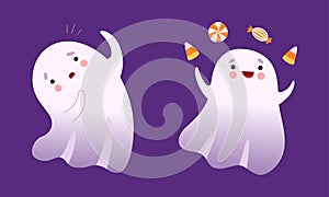 Cute Ghost with Smiling Face Juggling with Sweets and Candy Vector Set