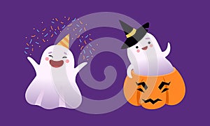 Cute Ghost with Smiling Face in Pumpkin and Wearing Birthday Hat Vector Set