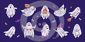 Cute Ghost Spooky Character and Flying Spirit Vector Set