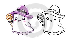 Cute ghost wearing witch hat holding candy colored and outline doodle cartoon illustration set