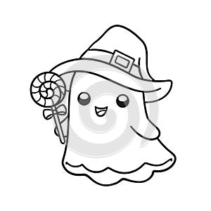 Cute ghost wearing witch hat holding candy outline doodle cartoon illustration