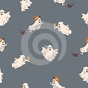 Cute Ghosts in cloth. Halloween scary ghostly monsters. Cartoon spooky characters. Holiday silhouettes