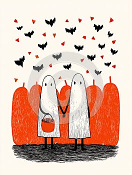 Cute ghosts trick-or-treating